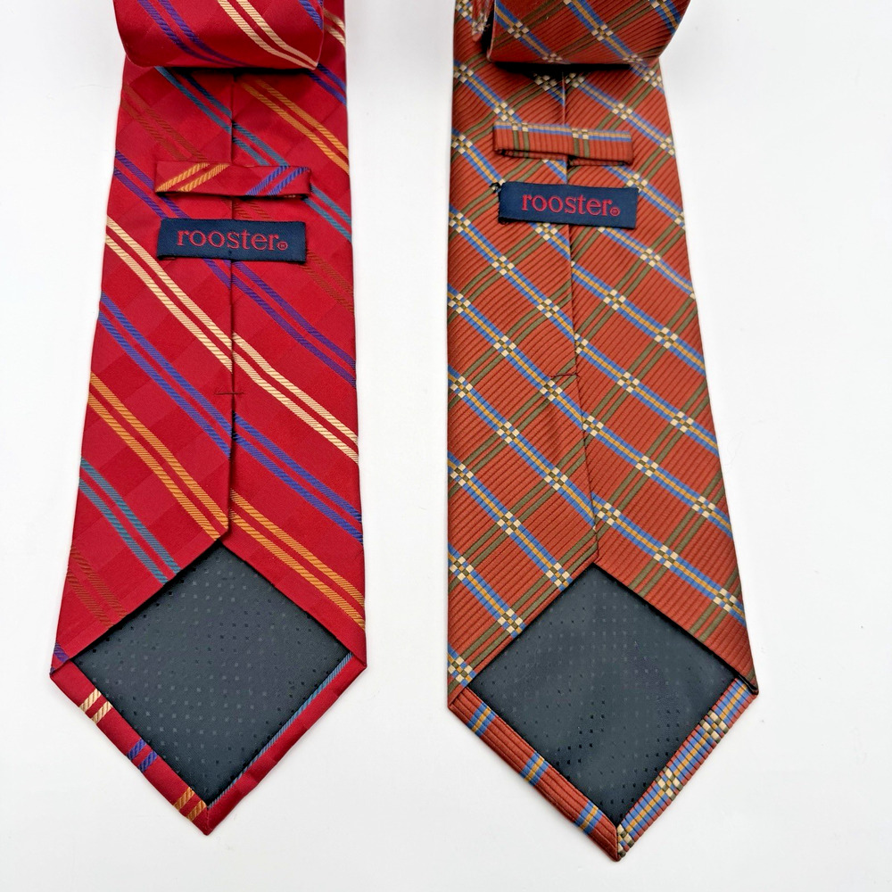 Lot of 2 Rooster Men's Neck‎ Ties Red Stripes Repp Colorful Both 100% Silk